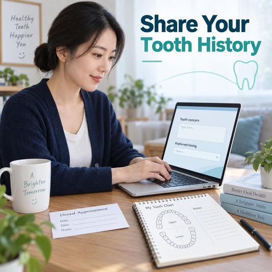 An initial inquiry describes the tooth history and preferred timing. Educational illustration.