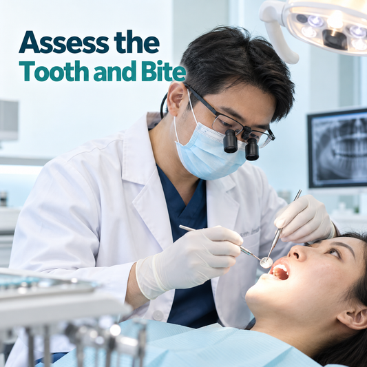 A Chinese dentist examines the natural tooth and bite. Educational illustration.