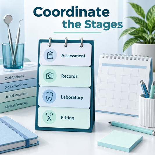 Appointments are coordinated around clinical and laboratory stages. Educational illustration.