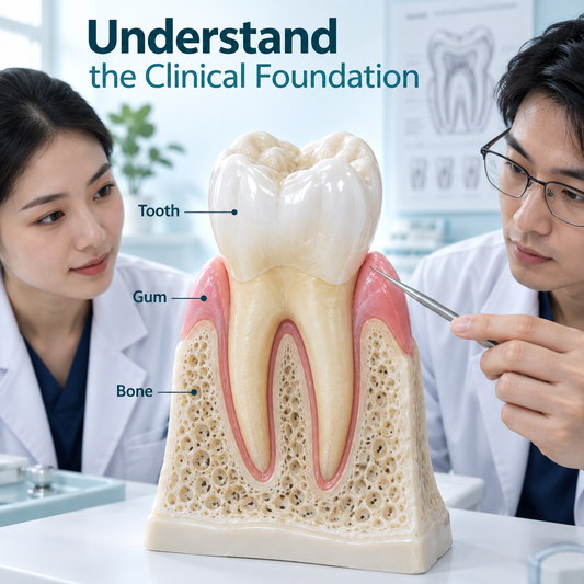 Tooth structure and surrounding tissues form the clinical foundation. Educational illustration.