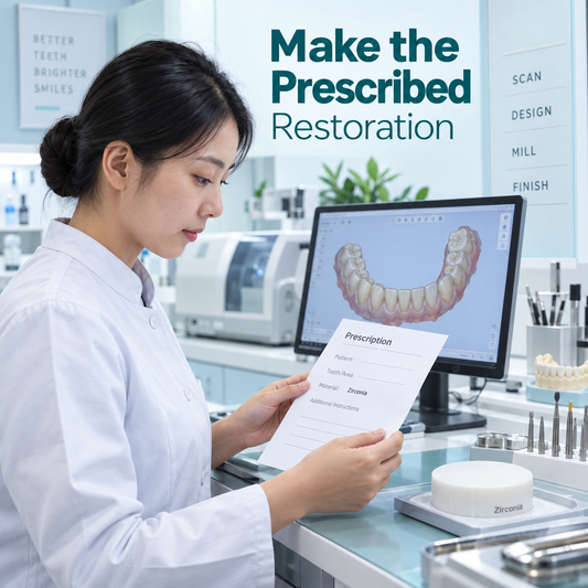The laboratory needs a clear restoration and material prescription. Educational illustration.