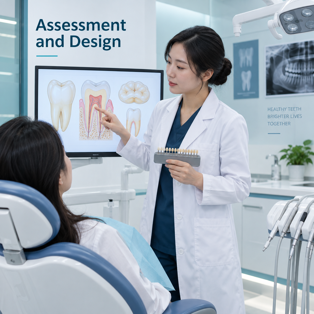 The clinician reviews the options and intended design. Educational illustration.