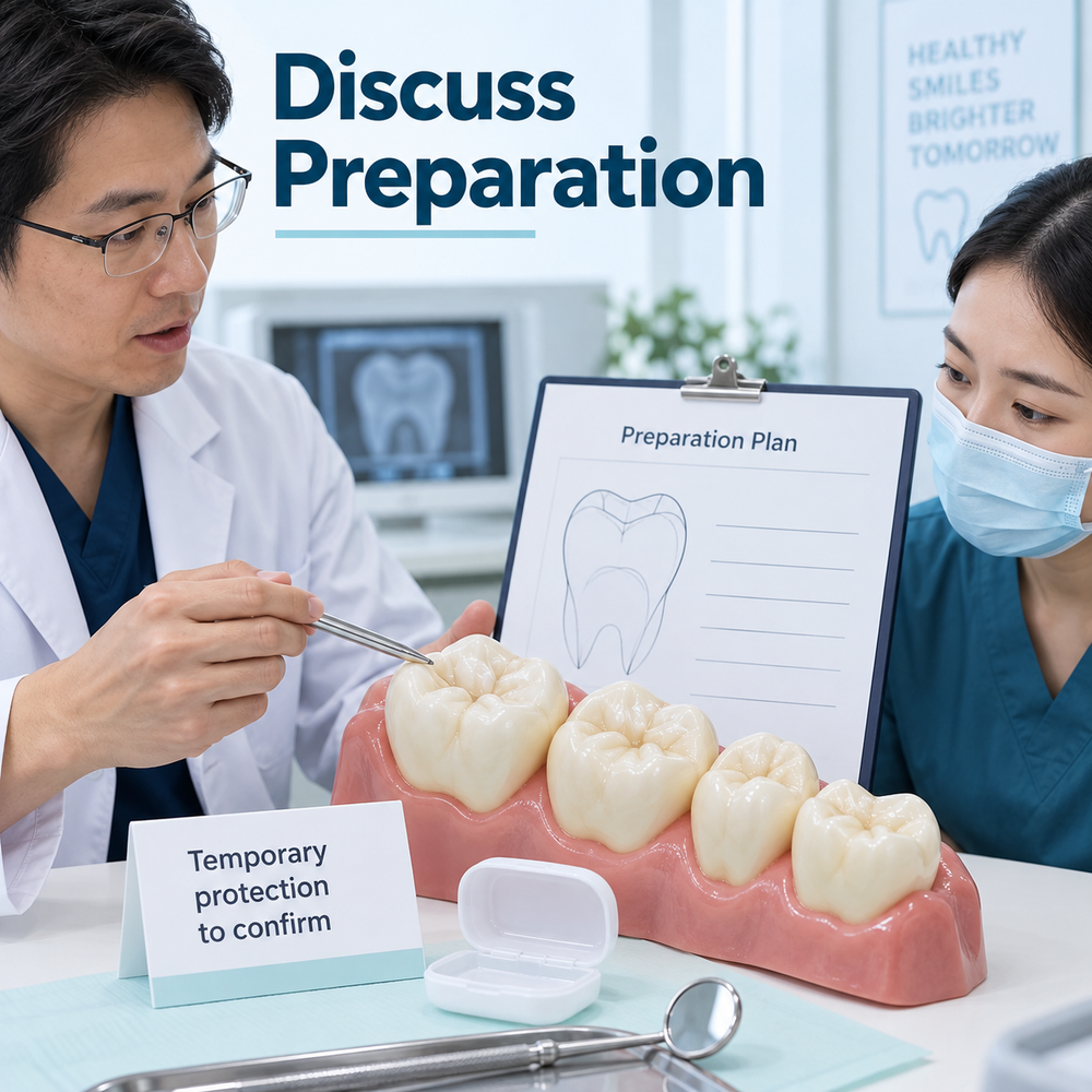 Tooth preparation and temporary protection require individual discussion. Educational illustration.