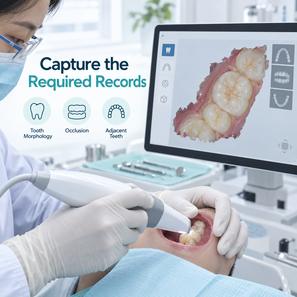 An impression or scan records the tooth for laboratory work. Educational illustration.