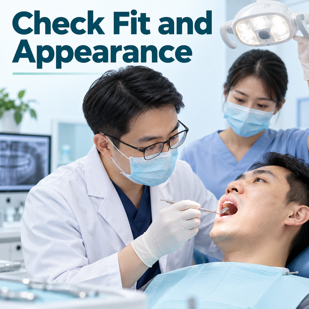 A Chinese dentist checks the proposed restoration at fitting. Educational illustration.