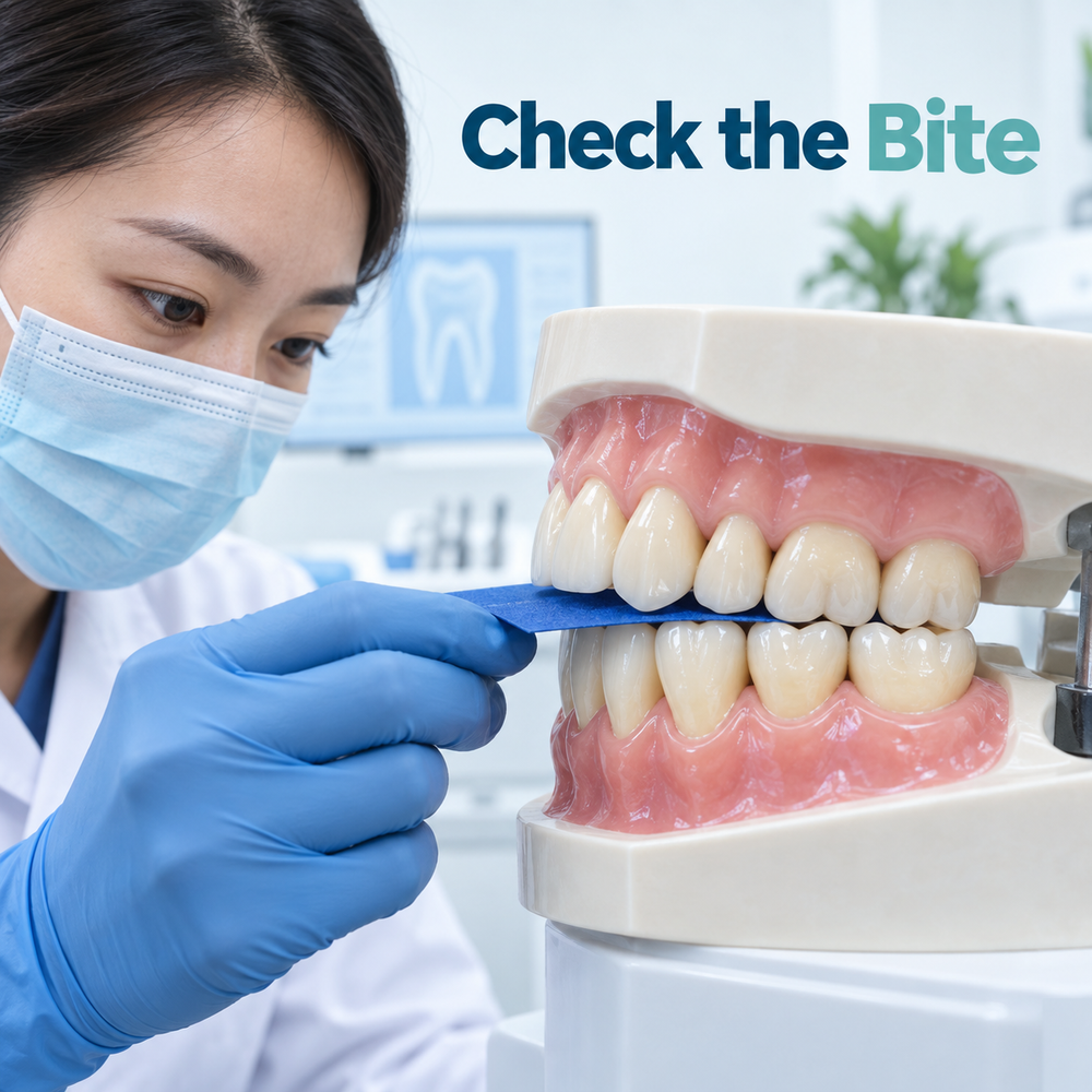 Opposing teeth and articulating paper illustrate a bite check. Educational illustration.