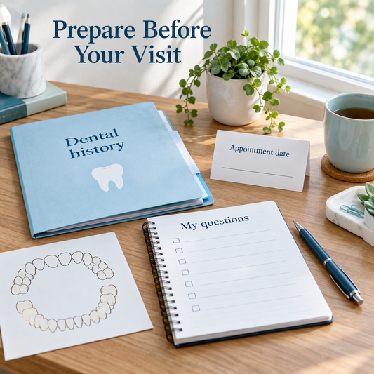 The patient prepares dental history, questions and appointment preferences. Educational illustration.