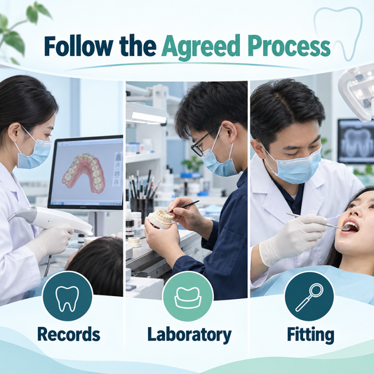 Records, laboratory work and fitting follow the agreed restoration plan. Educational illustration.