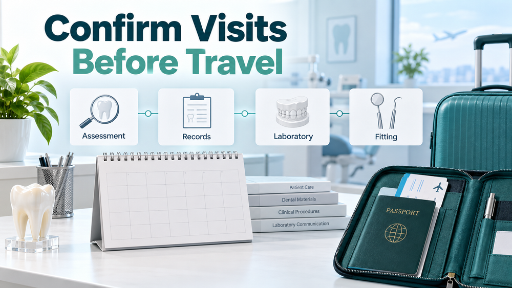 Travel planning follows confirmation of the required appointments. Educational illustration.