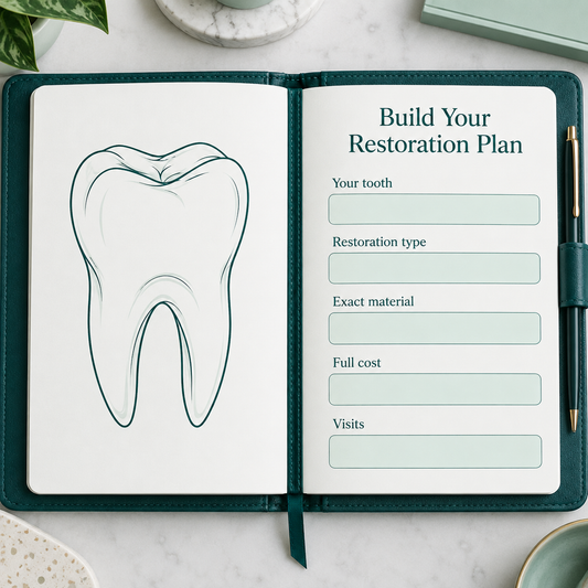 A clear plan connects the tooth, restoration type, material, price and visits. Educational illustration.