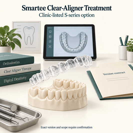 A clear aligner, a digital plan and the clinic version contract. Educational illustration.