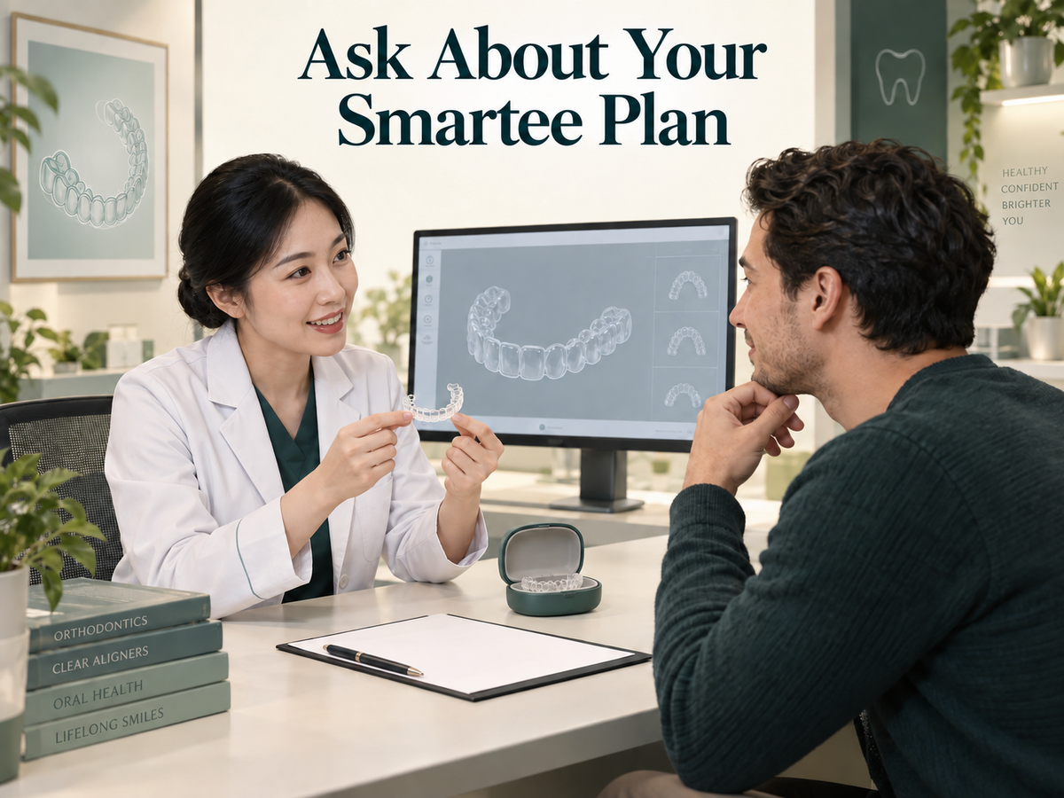 A Chinese orthodontist discusses a clear-aligner plan. Educational illustration.