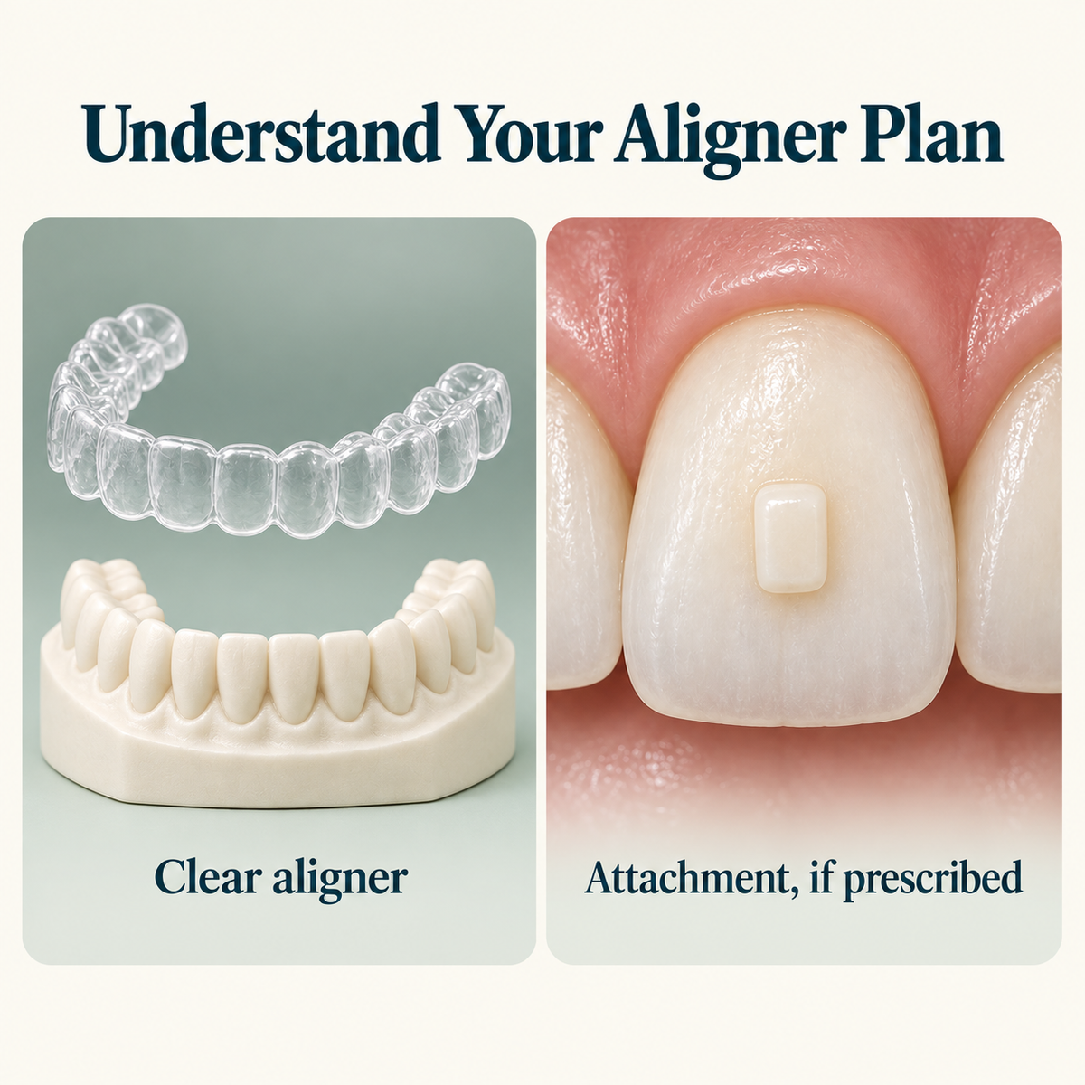 Staged clear aligners and clinical attachments are distinct parts of the plan. Educational illustration.