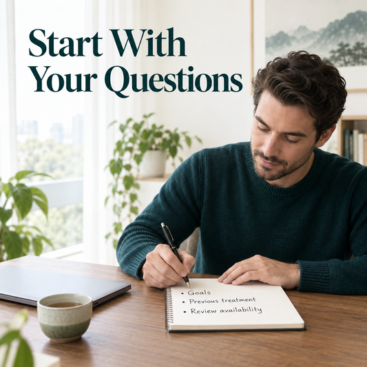 The patient prepares treatment goals and questions. Educational illustration.