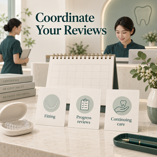 Fitting and progress reviews are coordinated around clinical needs. Educational illustration.
