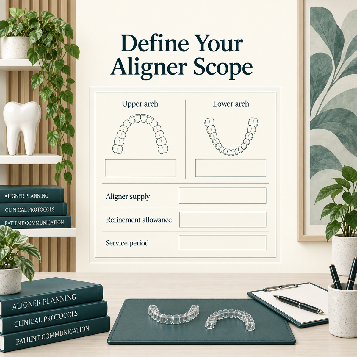 Written scope defines arches, aligner supply and service period. Educational illustration.