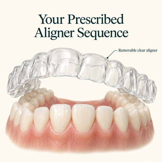 A removable transparent tray fits over teeth. Educational illustration.