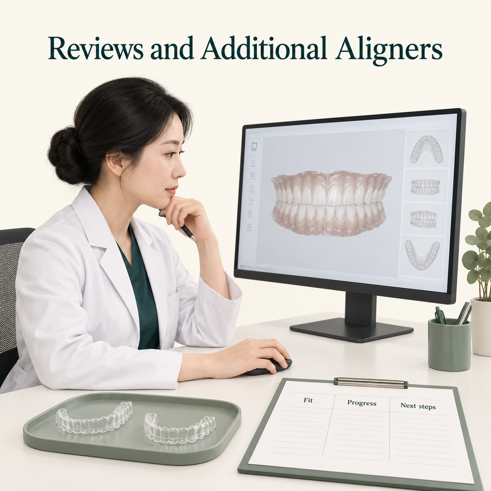 Progress reviews determine whether additional aligners are needed. Educational illustration.