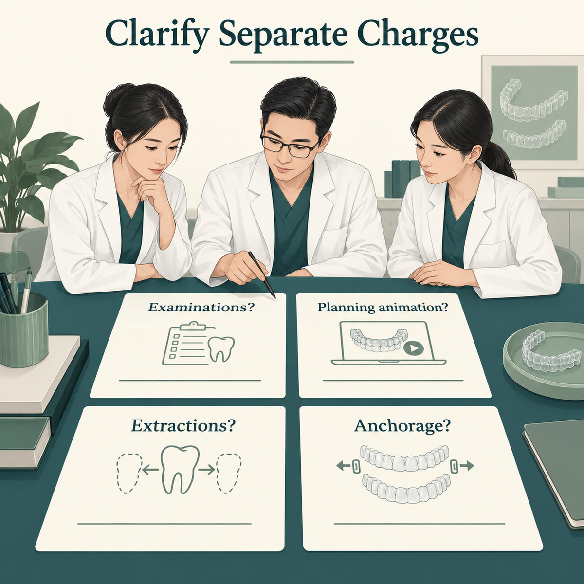 Examinations, animations, extractions and anchorage may be separate charges. Educational illustration.
