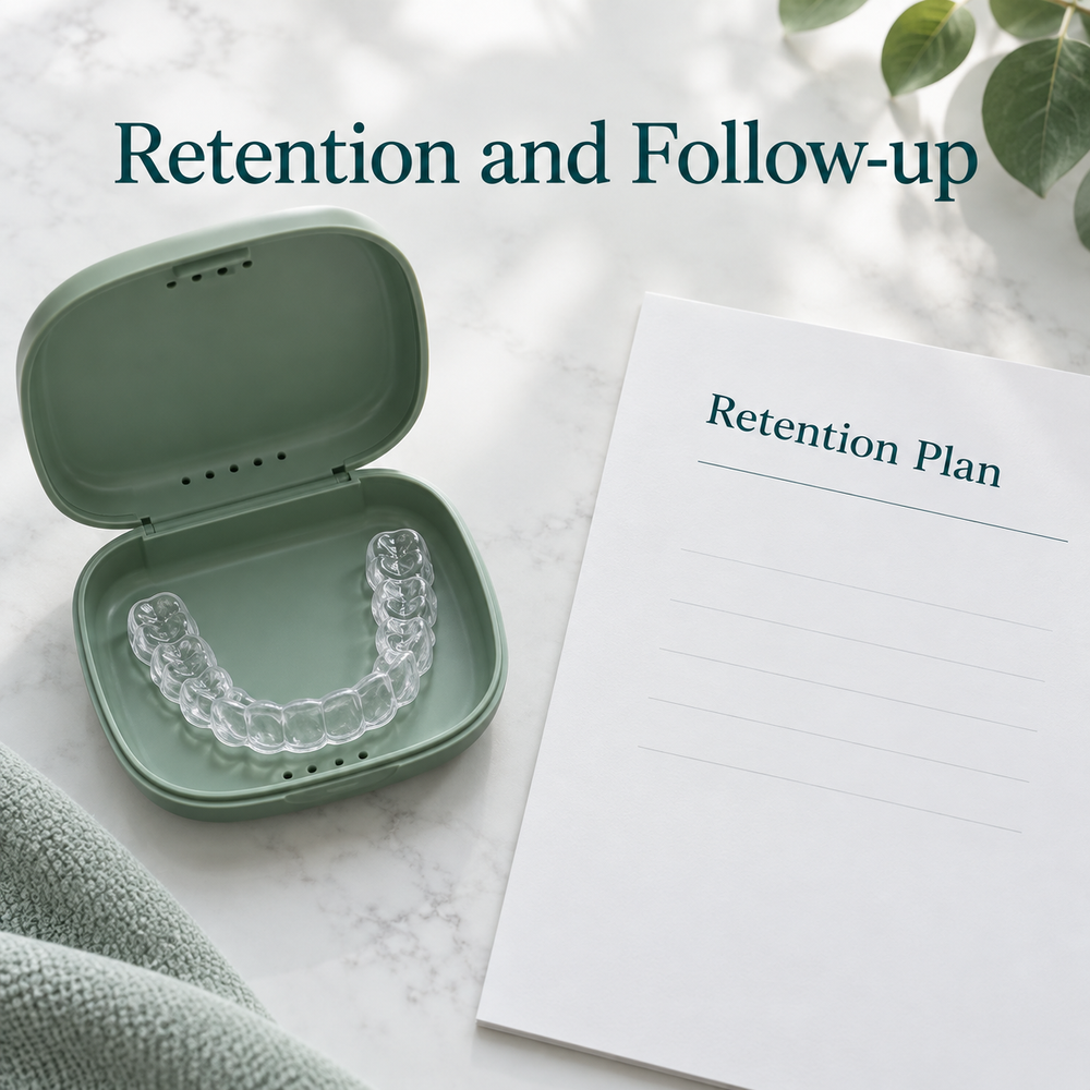 Retention and follow-up are planned after active treatment. Educational illustration.
