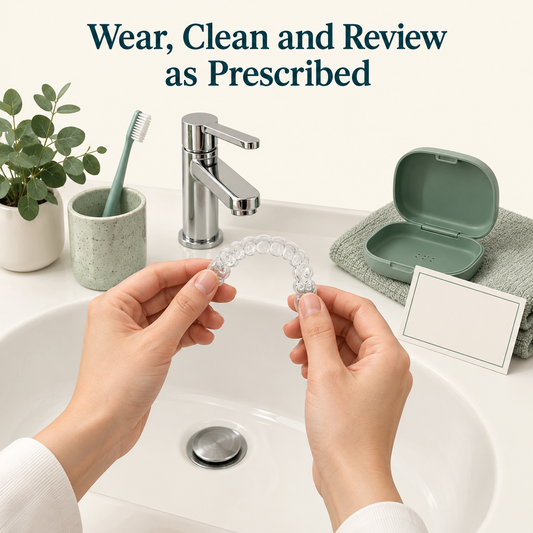 Daily wear, cleaning and tray changes follow the prescription. Educational illustration.