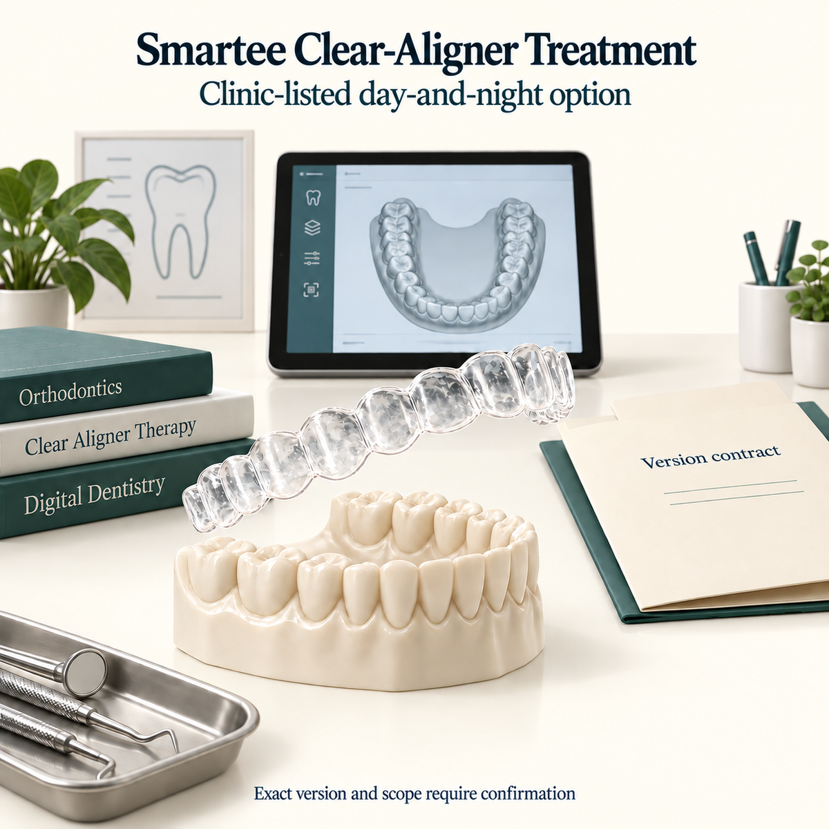 A clear aligner, a digital plan and the clinic version contract. Educational illustration.