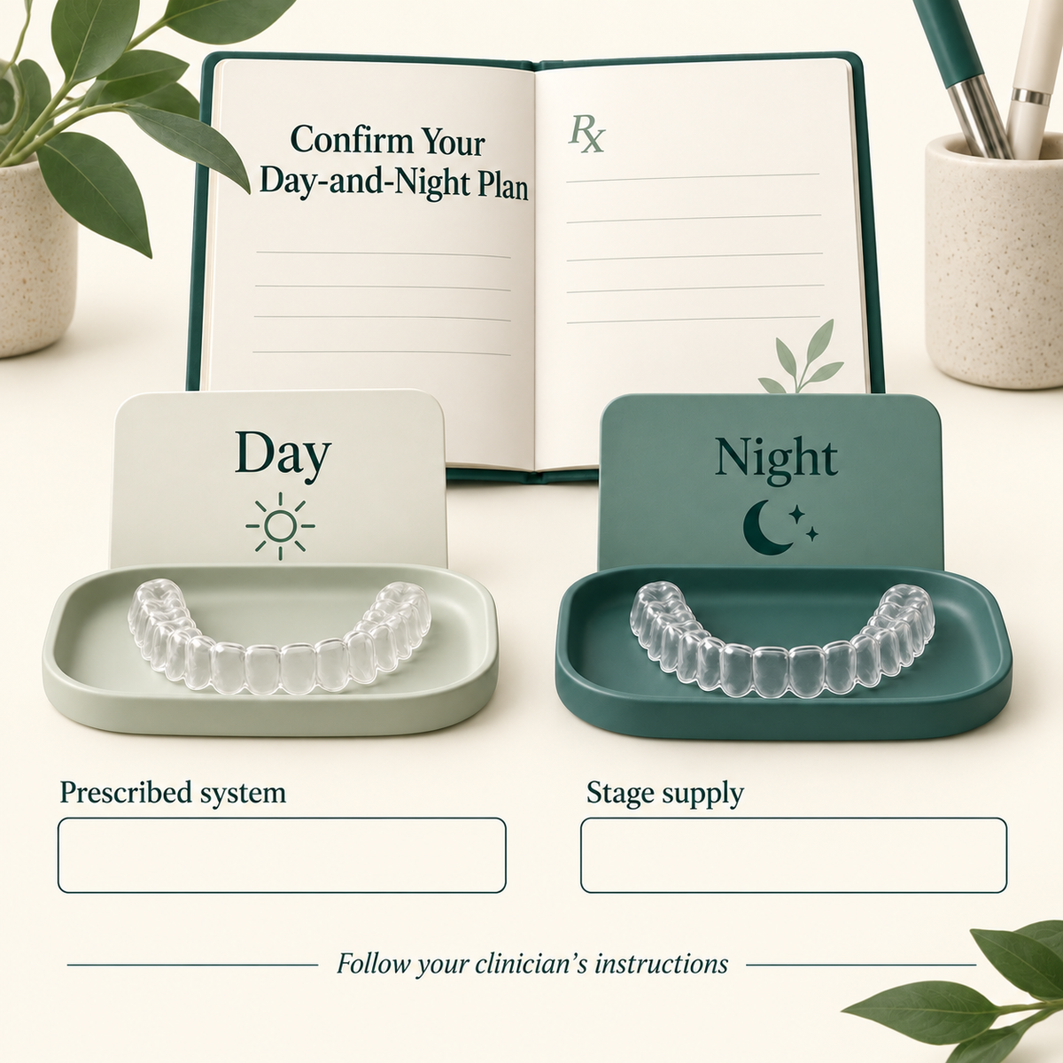 The clinician confirms whether separate day and night aligners form part of this item. Educational illustration.