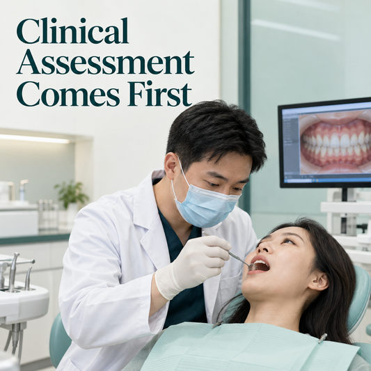 A Chinese orthodontist evaluates teeth, gums and bite. Educational illustration.
