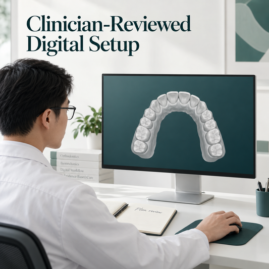 The clinician reviews the proposed digital setup. Educational illustration.