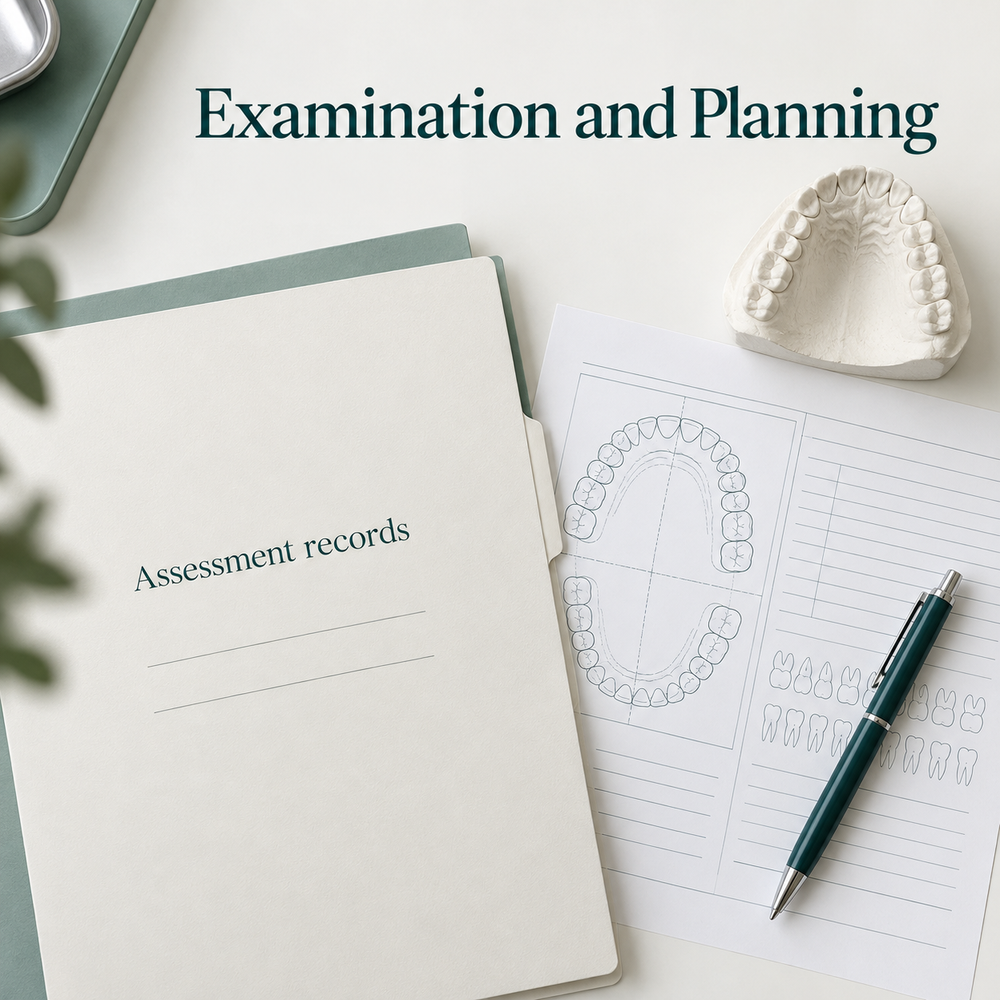 Records and examination support diagnosis and planning. Educational illustration.