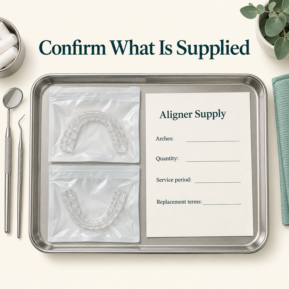 Aligner quantities and package limits are recorded in the contract. Educational illustration.