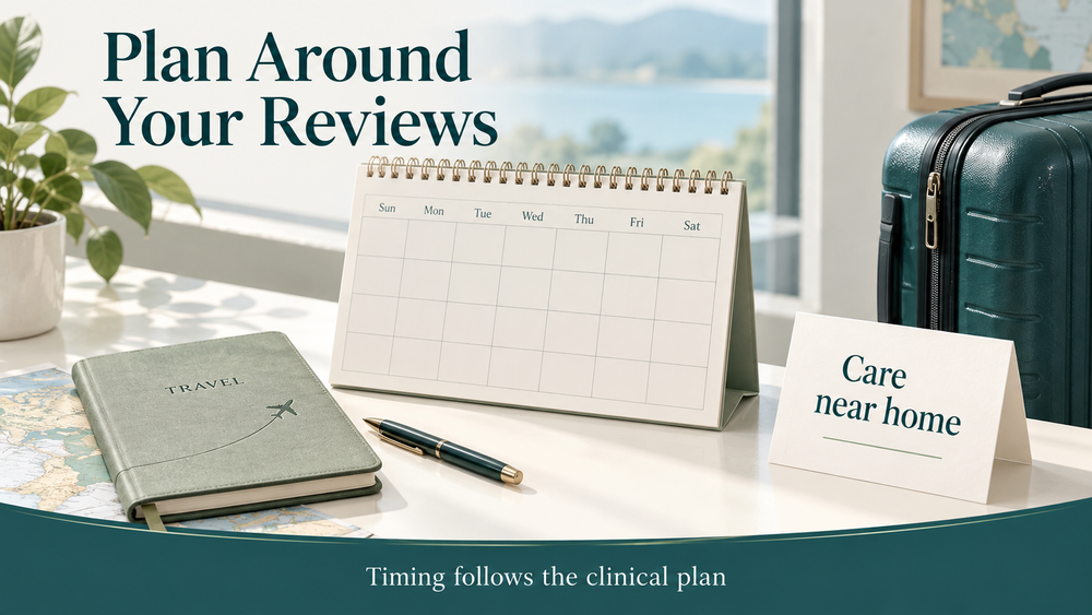 Reviews and travel planning follow the clinical schedule. Educational illustration.