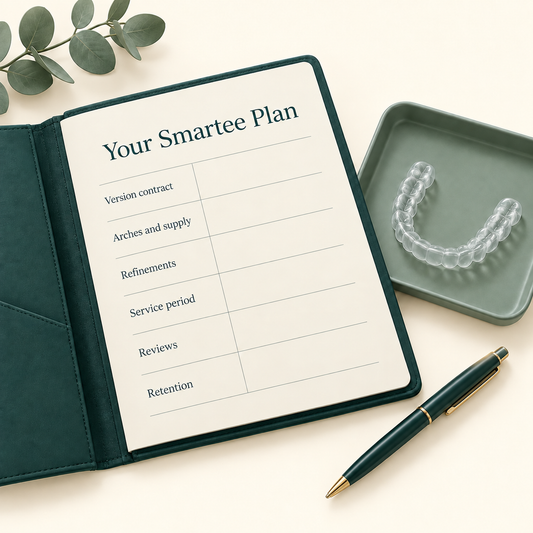 The written Smartee plan records the actual version and care arrangements. Educational illustration.