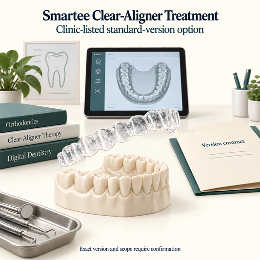 A clear aligner, a digital plan and the clinic version contract. Educational illustration.
