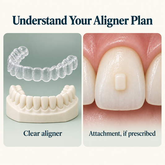Staged clear aligners and clinical attachments are distinct parts of the plan. Educational illustration.