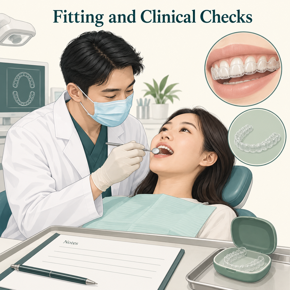 Initial fitting is checked by the clinician. Educational illustration.