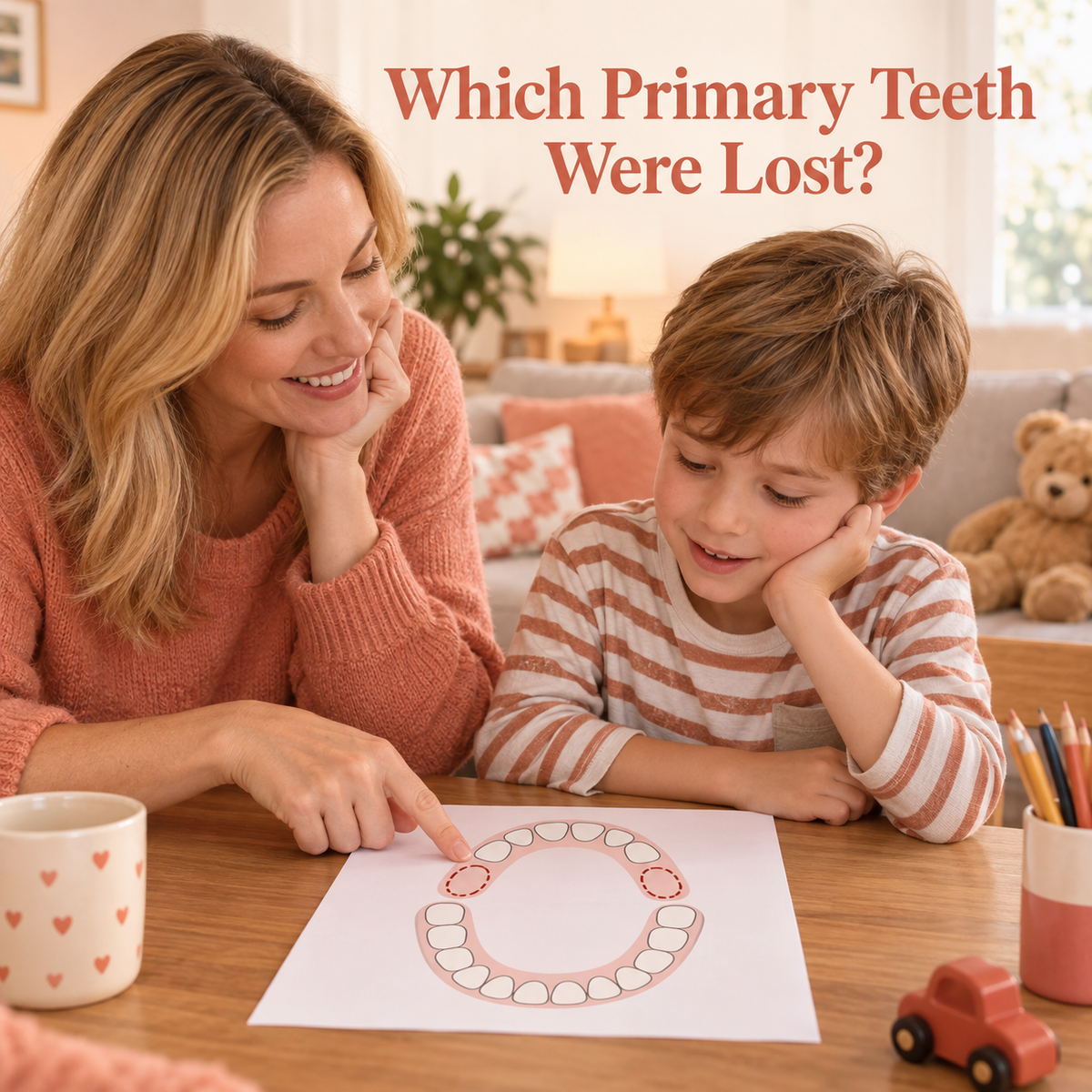 A parent describes the child’s early primary-tooth loss. Educational illustration.