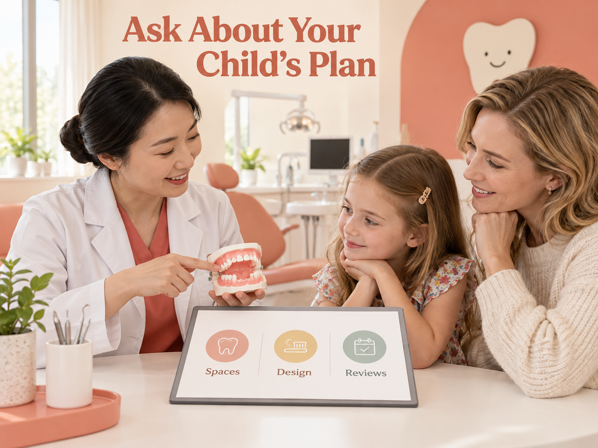 A Chinese pediatric dentist discusses space maintenance with a foreign family. Educational illustration.