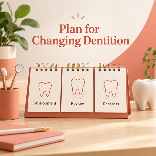 The child’s changing dentition requires follow-up. Educational illustration.