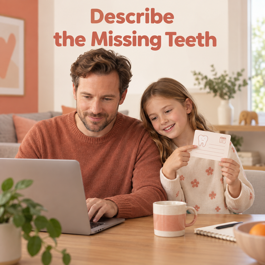 A parent prepares an initial inquiry about early tooth loss. Educational illustration.