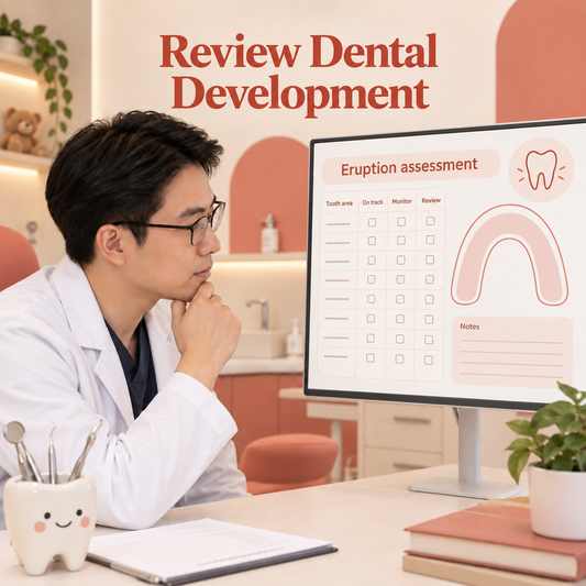 A Chinese dentist assesses the developing permanent successors. Educational illustration.