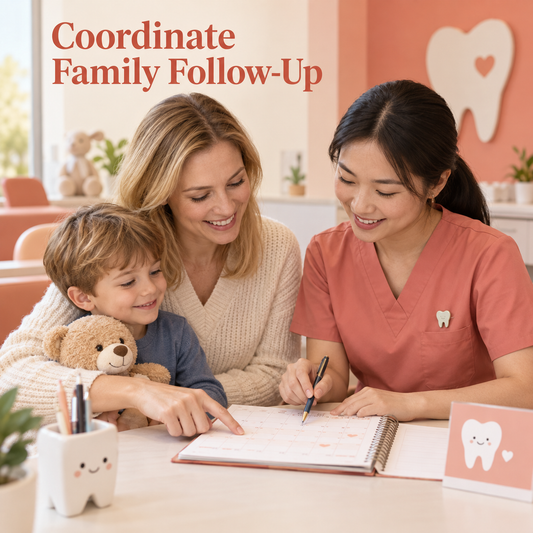 A family coordinates continuing review appointments. Educational illustration.