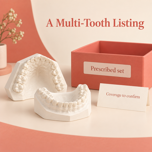 A set may cover individually prescribed missing-tooth spaces. Educational illustration.