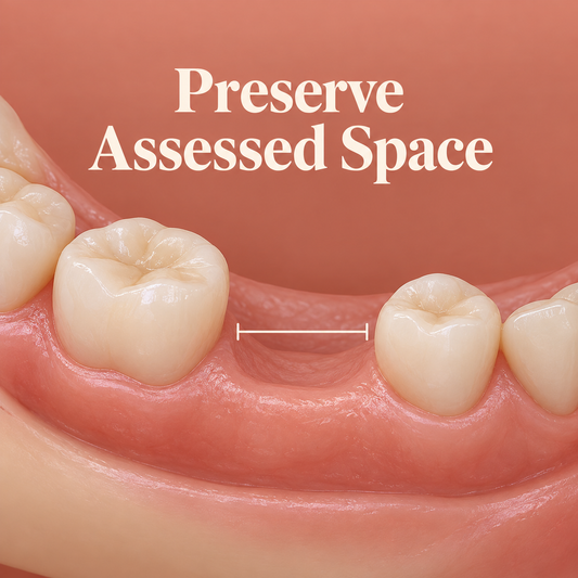 The assessed missing-tooth space is the focus of maintenance. Educational illustration.