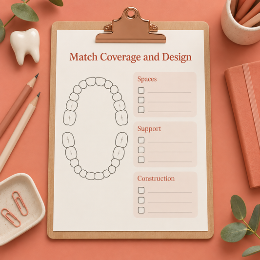 The clinician specifies coverage and construction. Educational illustration.