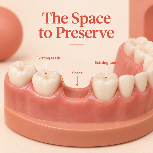 Space maintenance concerns the gap and its supporting teeth. Educational illustration.