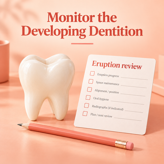 A tooth-development review card represents monitoring of the permanent dentition. Educational illustration.