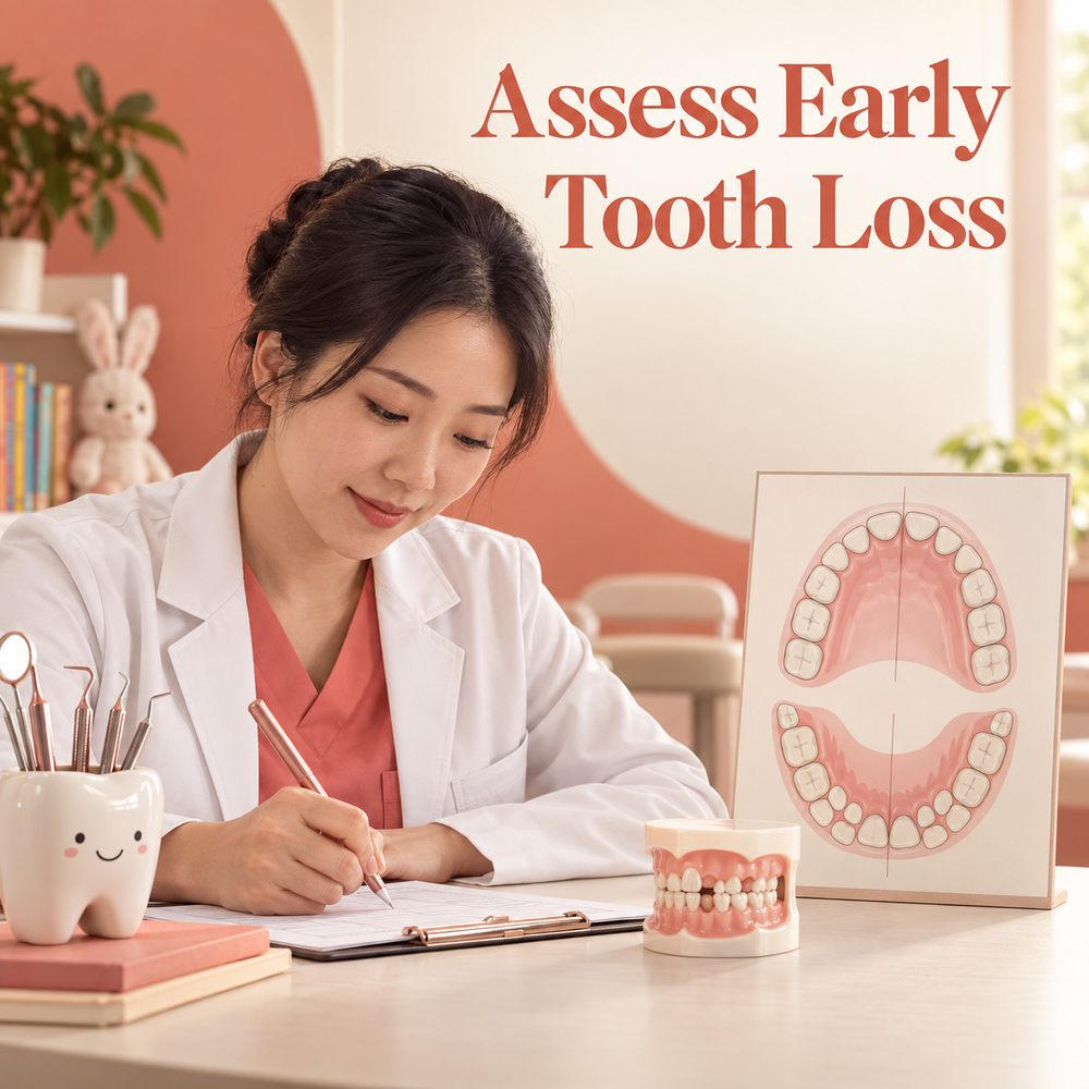 The early tooth-loss assessment is recorded. Educational illustration.