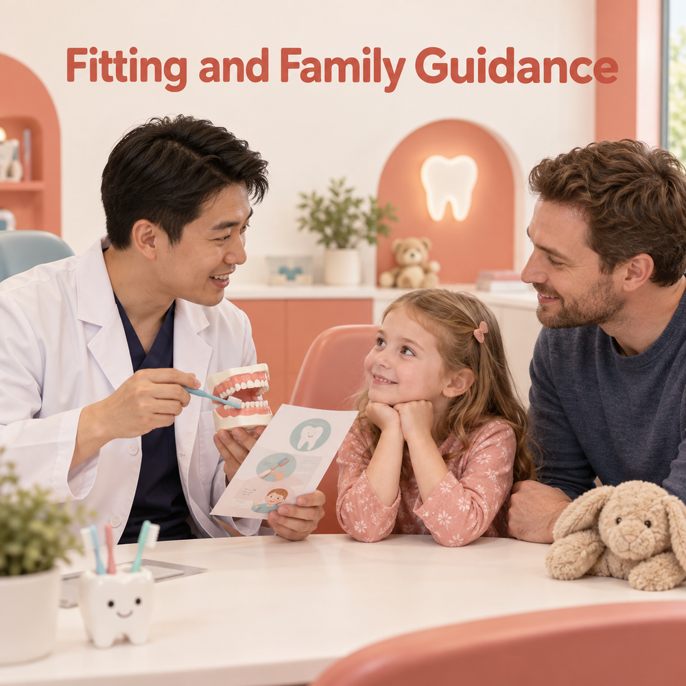 The dentist gives family guidance after fitting. Educational illustration.