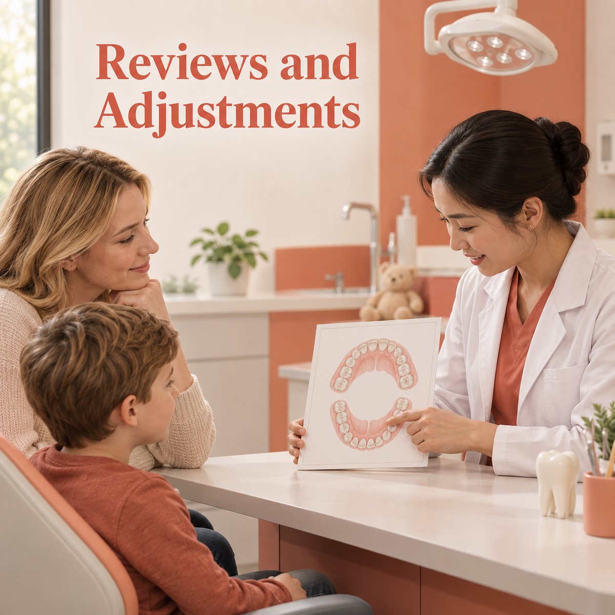 The child returns for development and appliance review. Educational illustration.